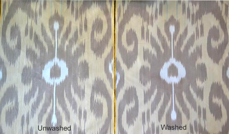 Comparison of unwashed and hand washed Uzbek ikat fabric.