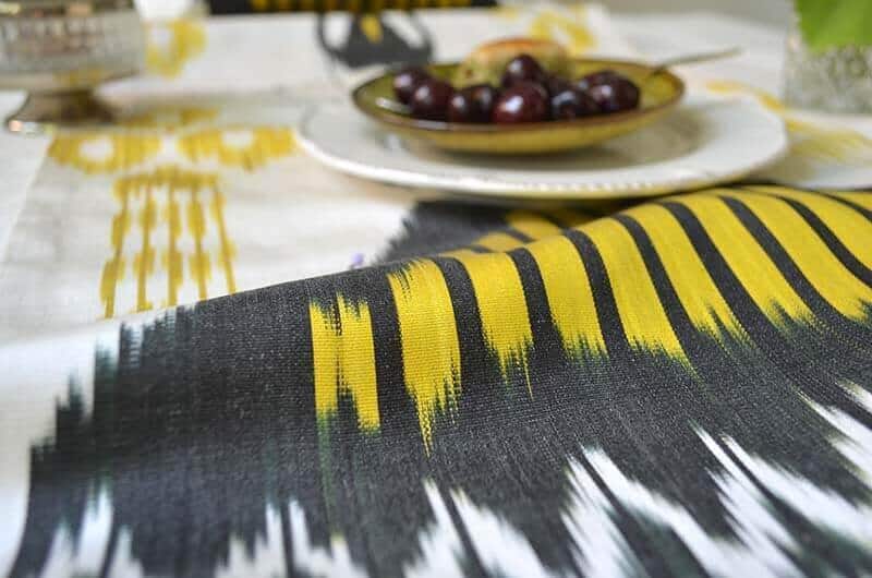 Fall decor black, white and yellow amulet ikat pattern table runner