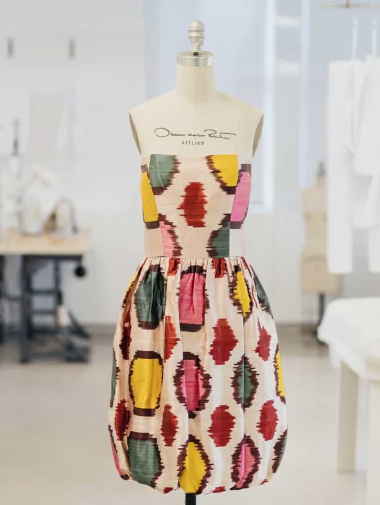 Oscar de la Renta multicolor Uzbek ikat fabric strapless dress