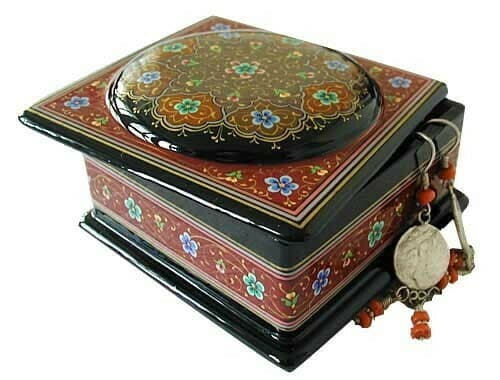 Burgundy floral hand painted lacquer jewelry box from Uzbekistan 