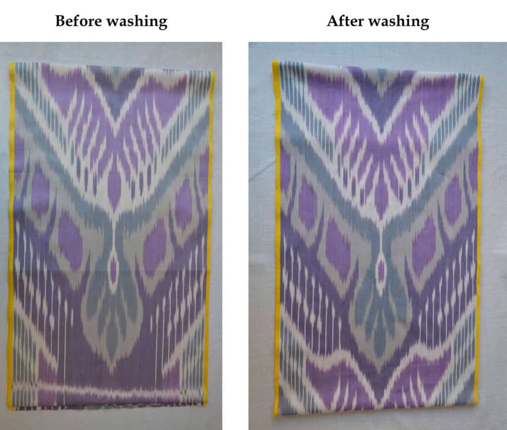 Lavender Ikat Table Runner before and after wash test