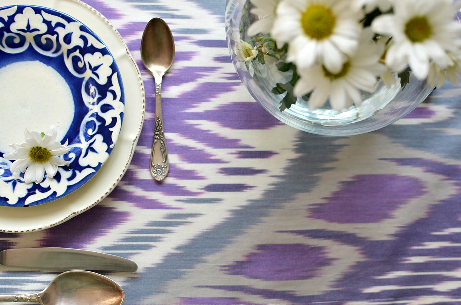 Lavender white teal blue ikat table runner from Uzbekistan